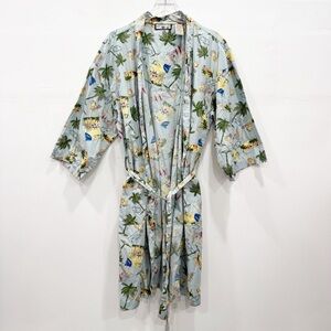 Caribbean Joe Wide Sleeve Belted Cotton Robe Postcard Print One Size
